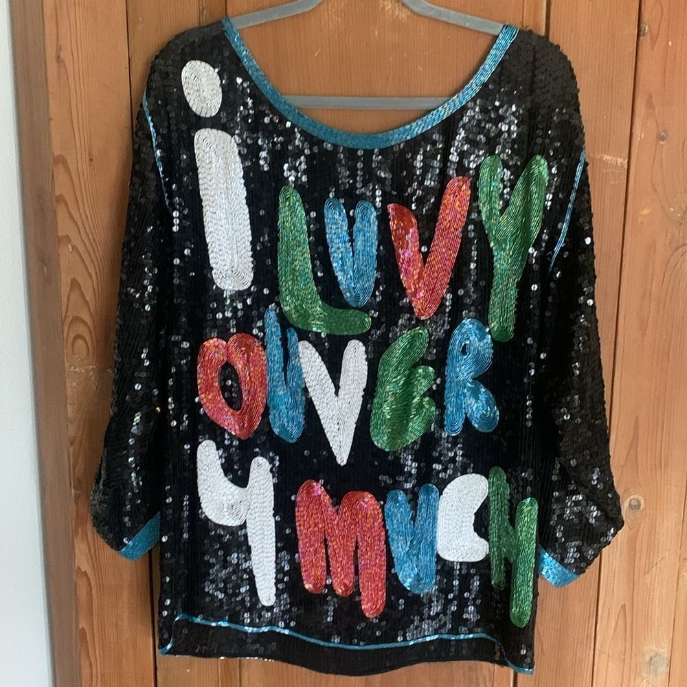 Vintage 80’s I ‘Love You Very Much’ sequined and beaded pullover blouse - Picture 6 of 10